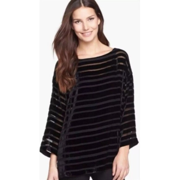 Eileen Fisher Velvet Burnout‎ XS Top Blouse Black Striped Boat Neck Silk Blend - Picture 1 of 12